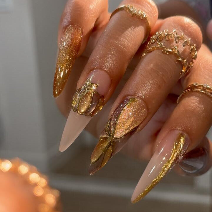 Halloween Luxury Gold Press On Nails - Golden Chrome Glitter Luxury Press Nails