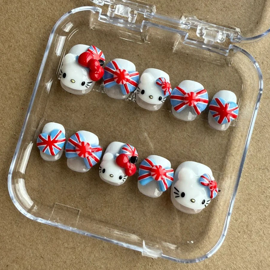 Adorable Union Jack Hello Kitty Press On Nails