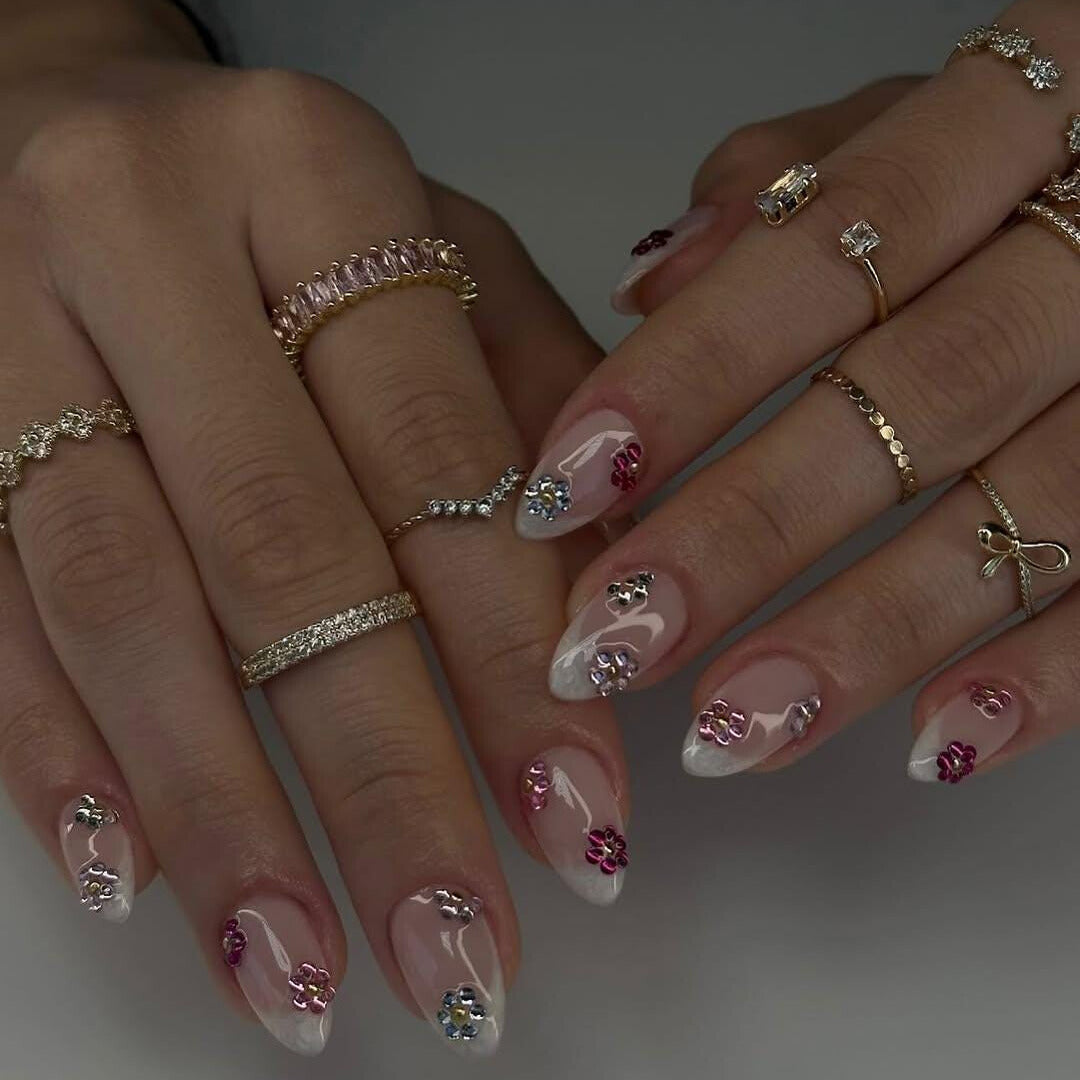 Crystal Rhinestone Floral Press On Nails