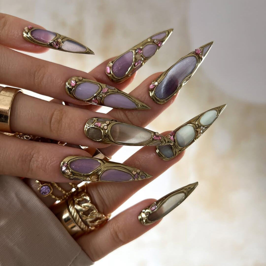 Royal Gemstone Crown Press On Nails - Gold Frame Pastel Jewel Press Nails