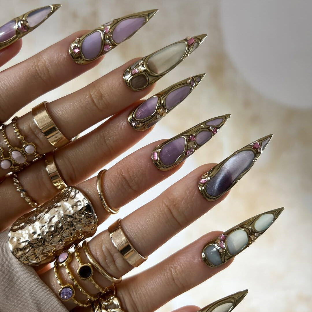 Royal Gemstone Crown Press On Nails - Gold Frame Pastel Jewel Press Nails