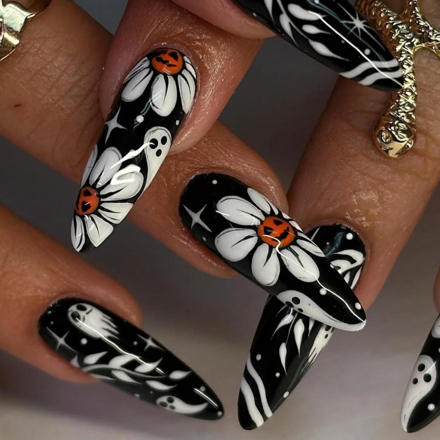 Halloween Black Press On Nails - Halloween Floral Pumpkin Press On Nails