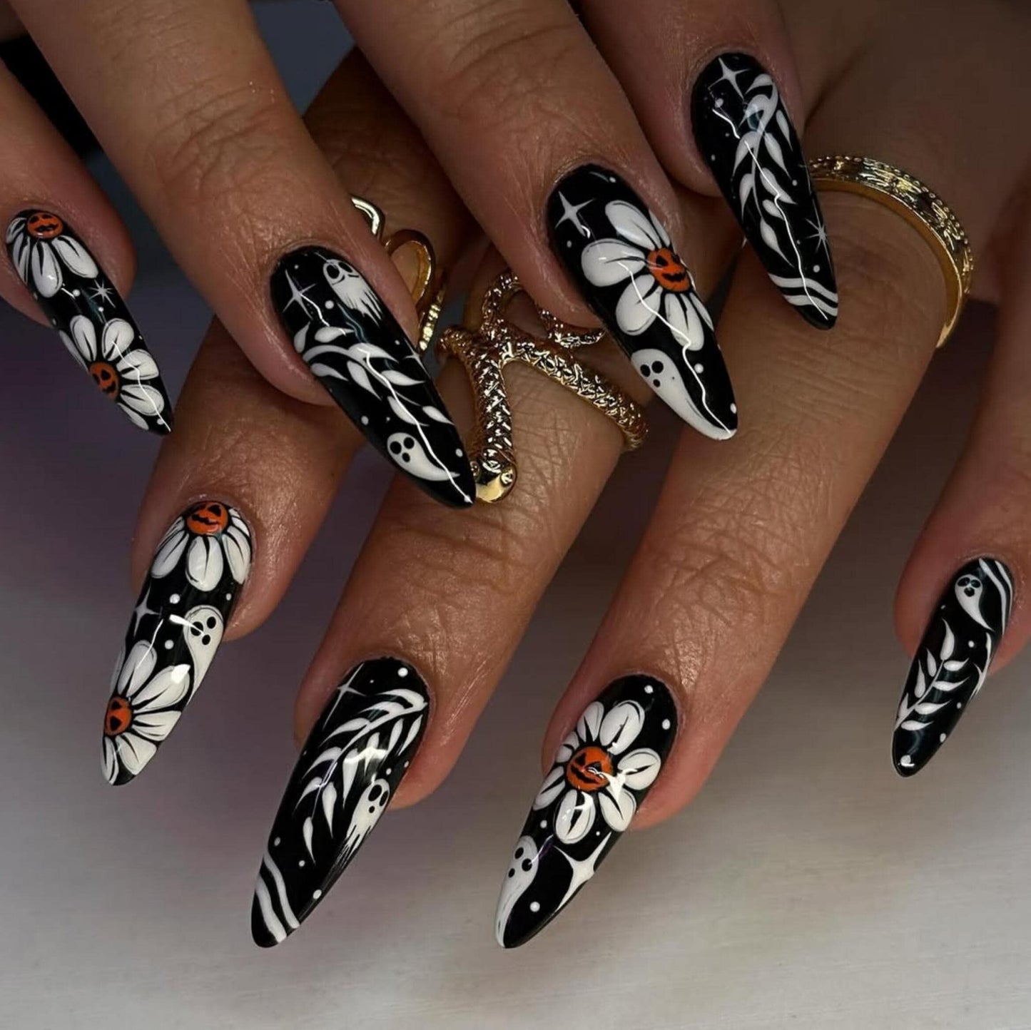 Halloween Black Press On Nails - Halloween Floral Pumpkin Press On Nails