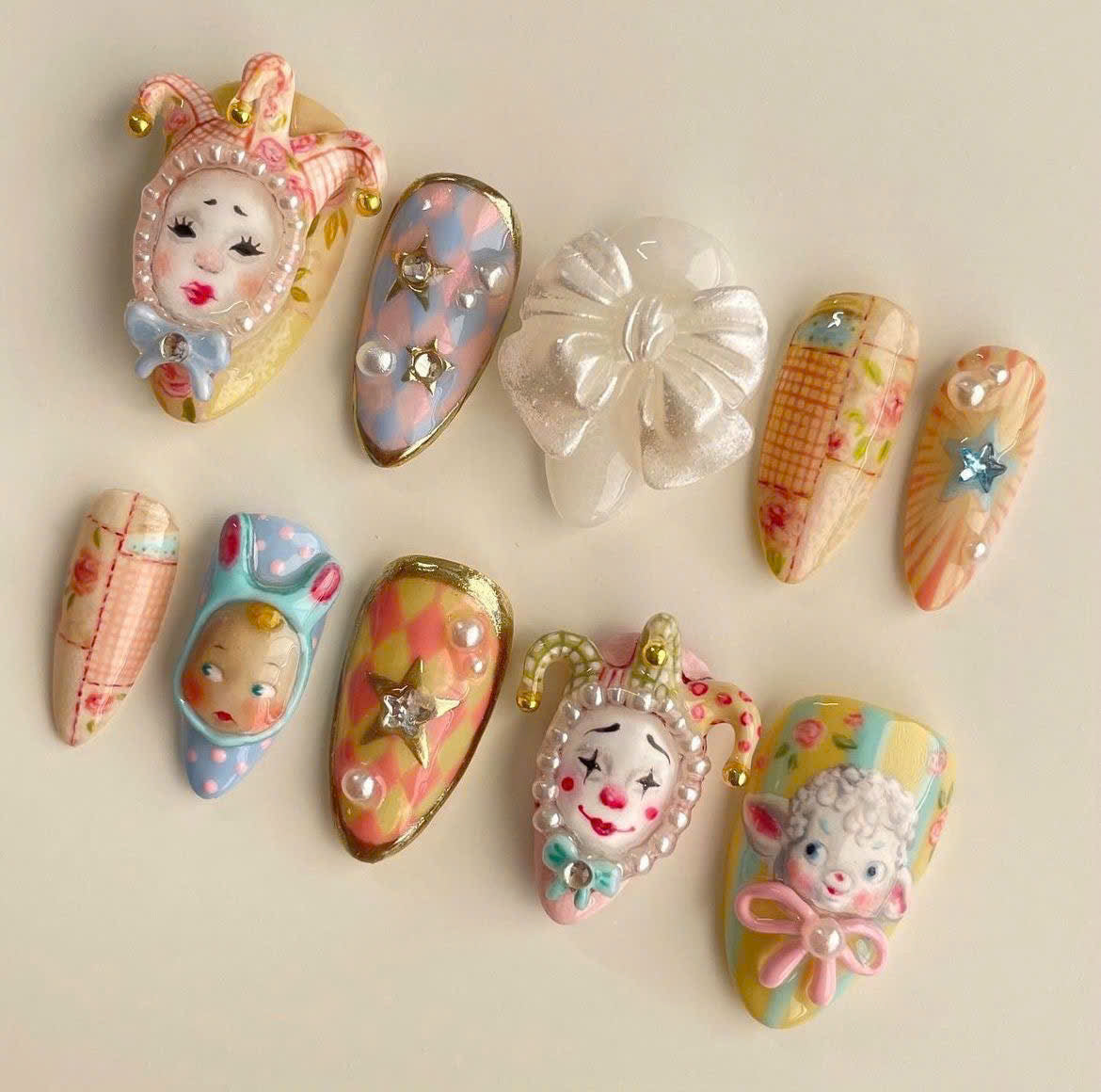 Vintage Carnival Doll Bow Star Pastel Handmade Nails
