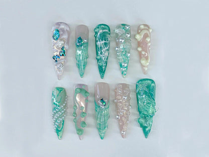Mermaid 3D Pearl Press-On Nails – Ocean Green Jelly Design