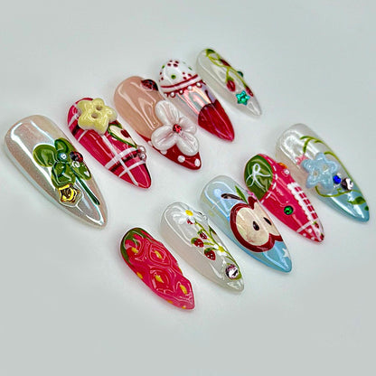 Handcrafted Apple Strawberry Press On Nails - Fruit Garden 3D Press On Nails