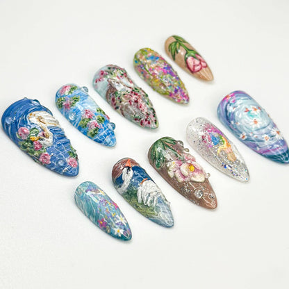 Handpainted Swan Press On Nails - Fairy Garden 3D Handpainted Nail Set