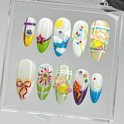 Cute Bears Press On Nails - Cute Teddy Bear Colorful Press On Nails