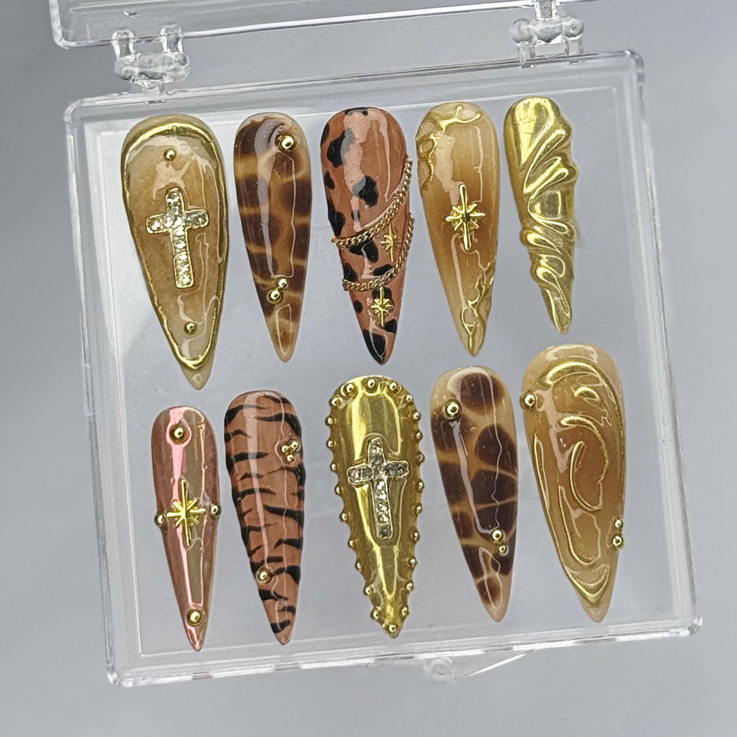 Gold Tortoiseshell Press On Nails Set with Cross Charms