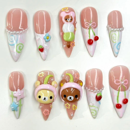 Kawaii Bear 3D Nail Art - Strawberry & Cherry Design