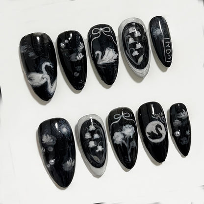Black Swan Press On Nails Elegant Gothic Art