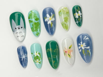 Whimsical 3D Floral Press-On Nails, Totoro Set