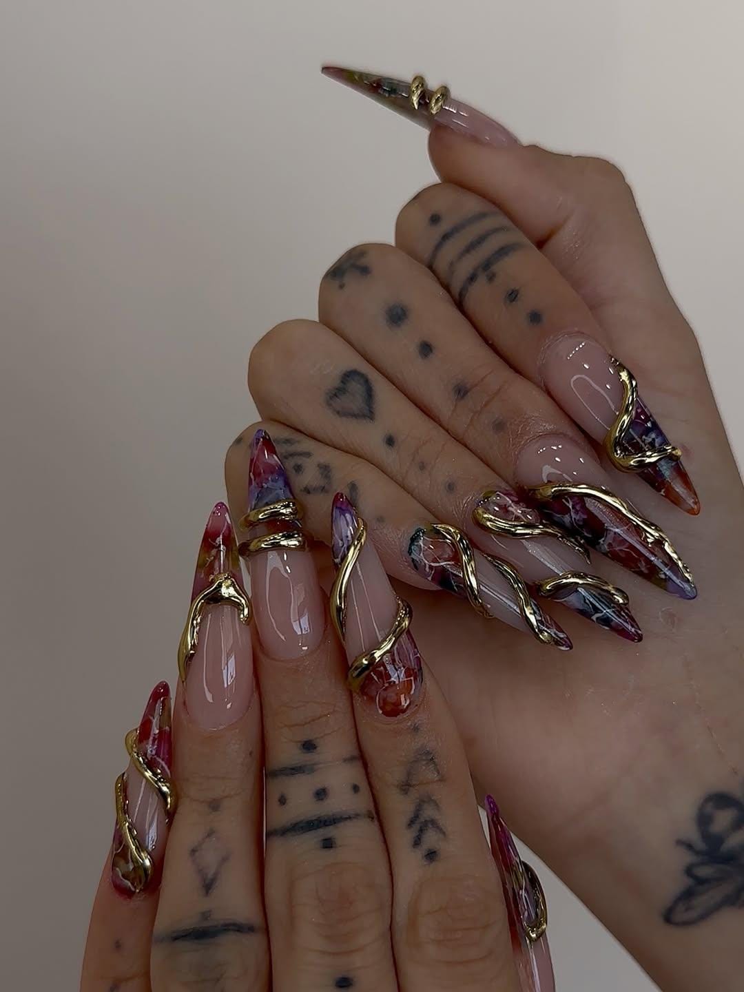 Gold Wire Wrapped Press On Nails, Luxury Marble Nail Art
