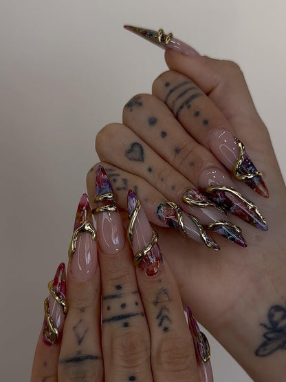Gold Wire Wrapped Press On Nails, Luxury Marble Nail Art