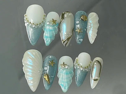 Stunning Seashell Acrylic Nails - Ocean Glam Set