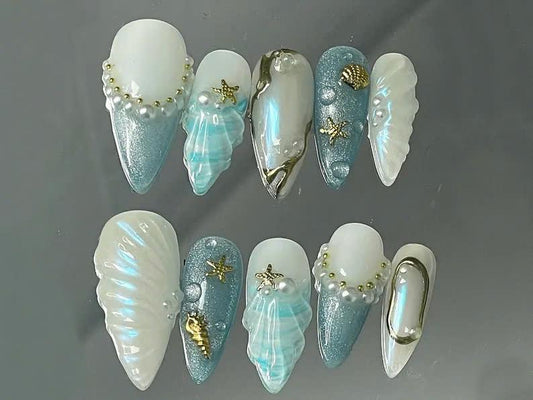 Stunning Seashell Acrylic Nails - Ocean Glam Set