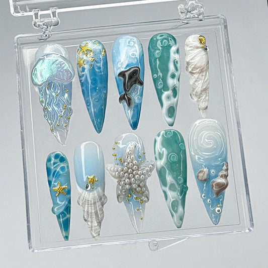 Ocean-Inspired 3D Nail Art Set - Stunning Sea Design Tips