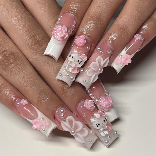 3D Hello Kitty Pink Floral Acrylic Nails - Long Stiletto Press-On Nail Art
