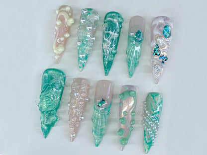 Mermaid 3D Pearl Press-On Nails – Ocean Green Jelly Design