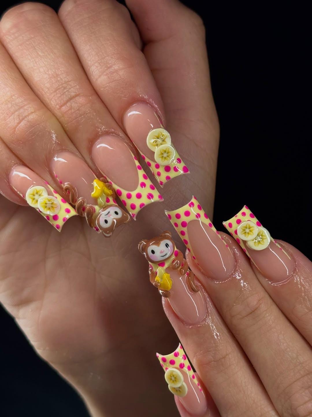 Banana Monkey 3D Press On Nails with Cartoon Accents and Polka Dots