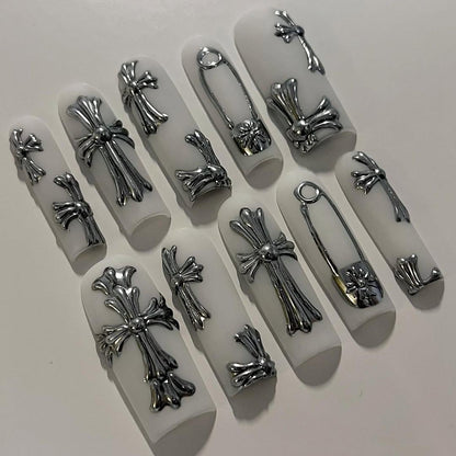 Gothic Chrome Cross Press On Nails Set