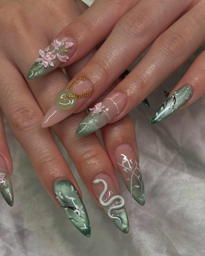 Jade Serpent Floral Press-On Nails with Mystic Elegance.