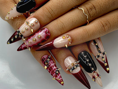 Gothic Luxe Spike Press On Nails  Burgundy Studded Nails