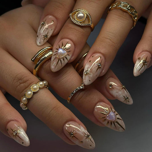 Celestial Star Nail Art with Pearl Gold Rings