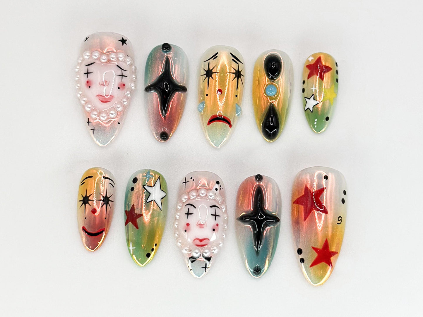 Clown Press-On Nails with Iridescent Pearls & Stars – Trendy Nail Art