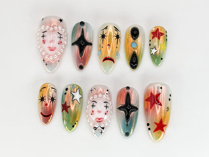 Clown Press-On Nails with Iridescent Pearls & Stars – Trendy Nail Art