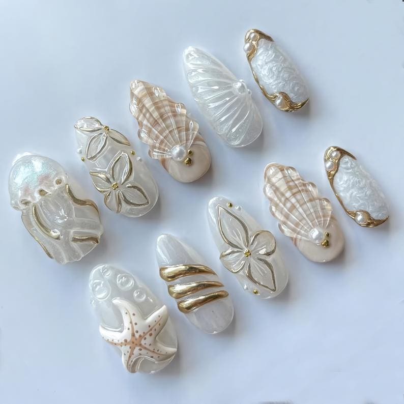 Pearl White Seashell Mermaid Press On Nails