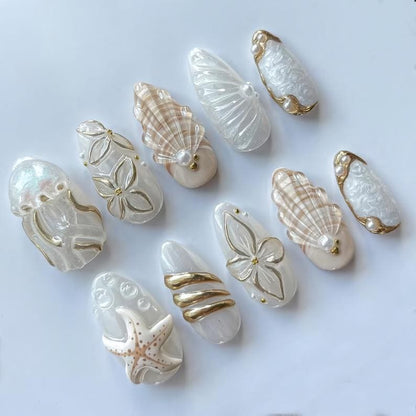 Pearl White Seashell Mermaid Press On Nails