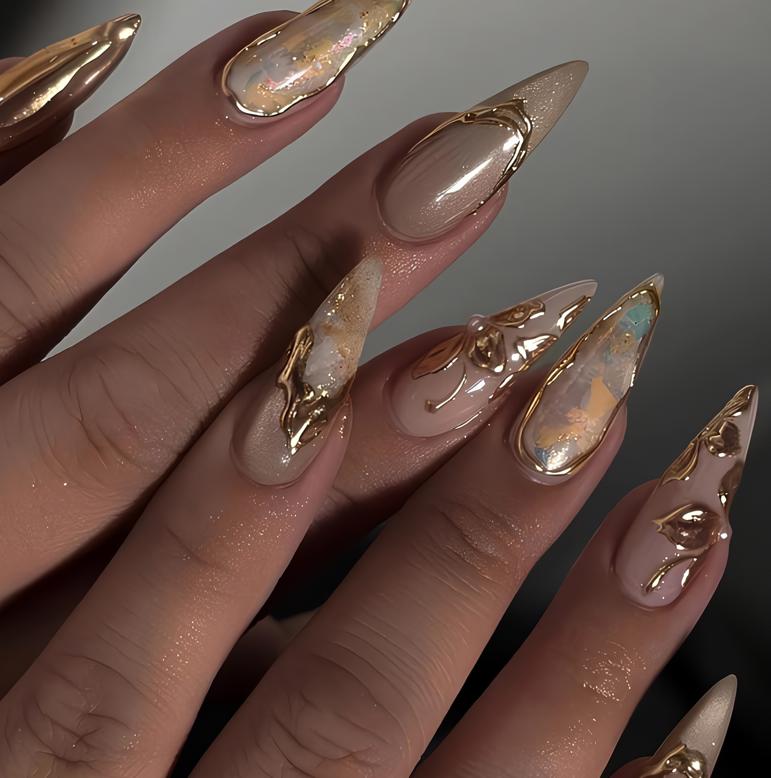 Gold Edge Opal Marble Press On Nails