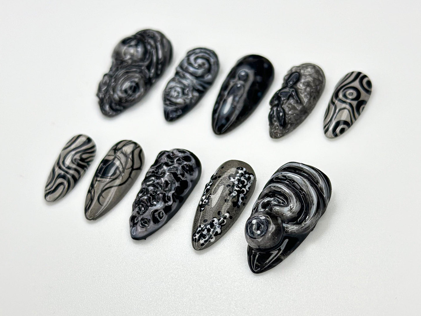 Abstract Black Chrome Swirl 3D Press On Nails