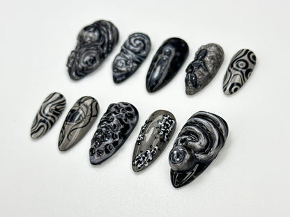 Abstract Black Chrome Swirl 3D Press On Nails