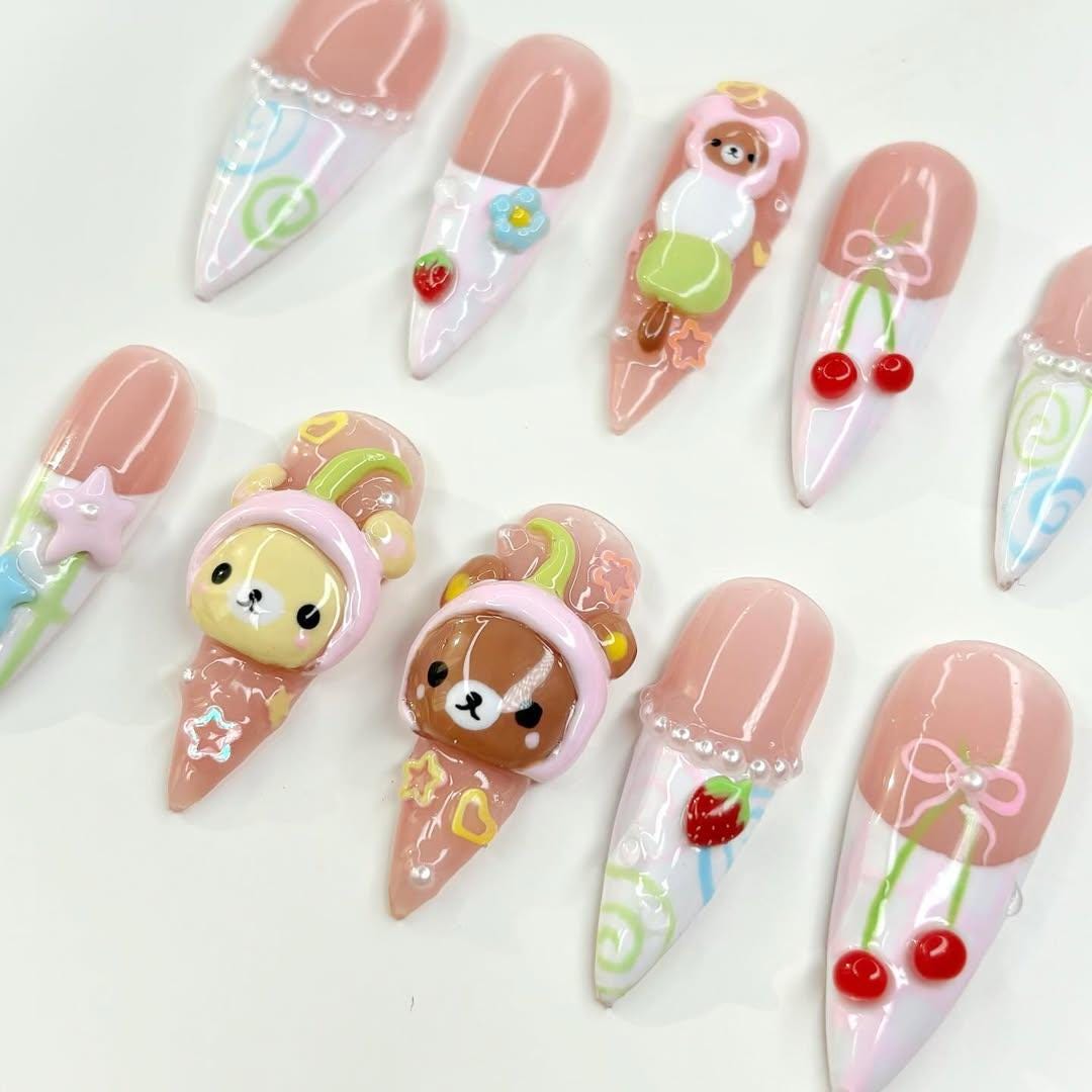 Kawaii Bear 3D Nail Art - Strawberry & Cherry Design