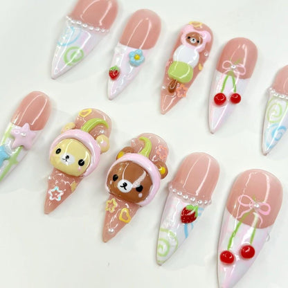 Kawaii Bear 3D Nail Art - Strawberry & Cherry Design
