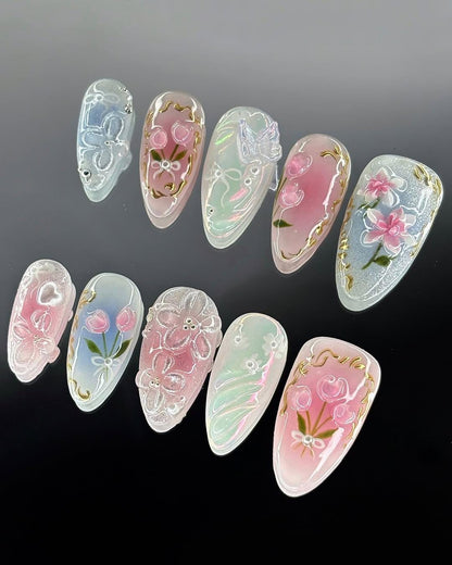 Elegant Floral 3D Gel Nail Art Set - Stunning Pink & Gold Design