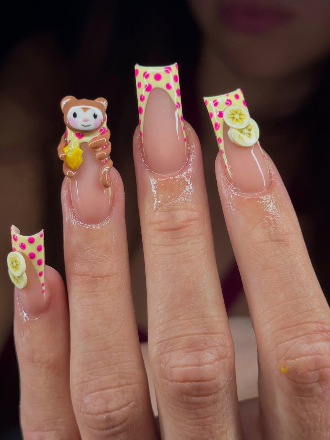 Banana Monkey 3D Press On Nails with Cartoon Accents and Polka Dots