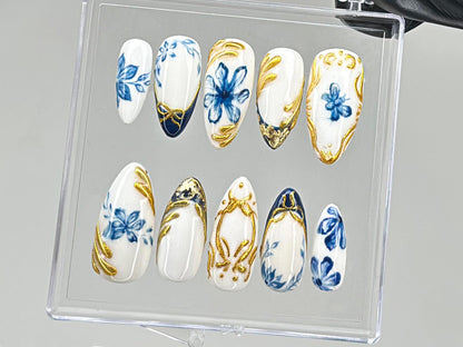 Sophisticated Blue Floral Press On Nails