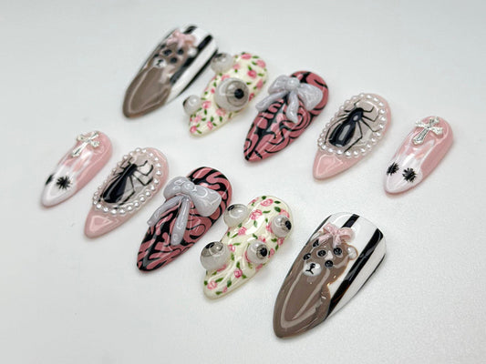 3D Spider & Bear Nail Art Set - Cute Pink Cross Bow Design, Floral Accents