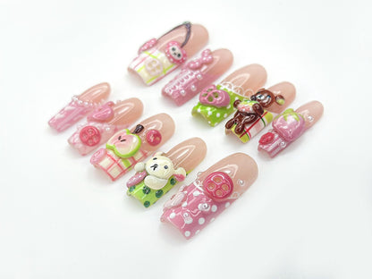Kawaii Bear Candy Press On Nails 3D Cute Apple Cherry Nail Art