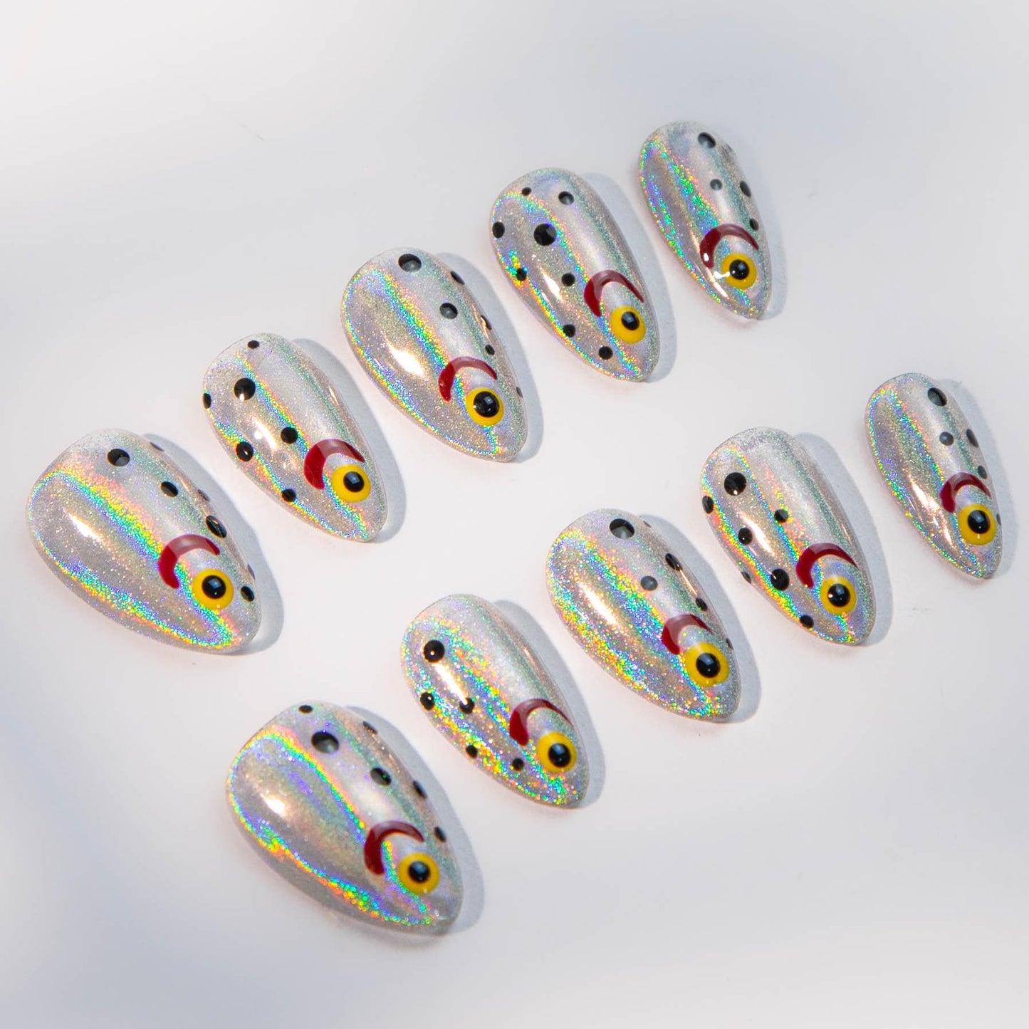 Laser Fishing Nail Art Press-On Nails with Futuristic Flair.