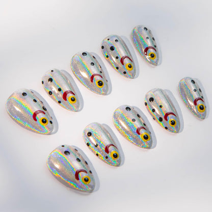 Laser Fishing Nail Art Press-On Nails with Futuristic Flair.