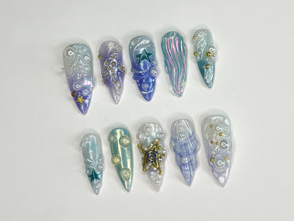 Ocean Fantasy Press On Nails – Iridescent 3D Mermaid Set