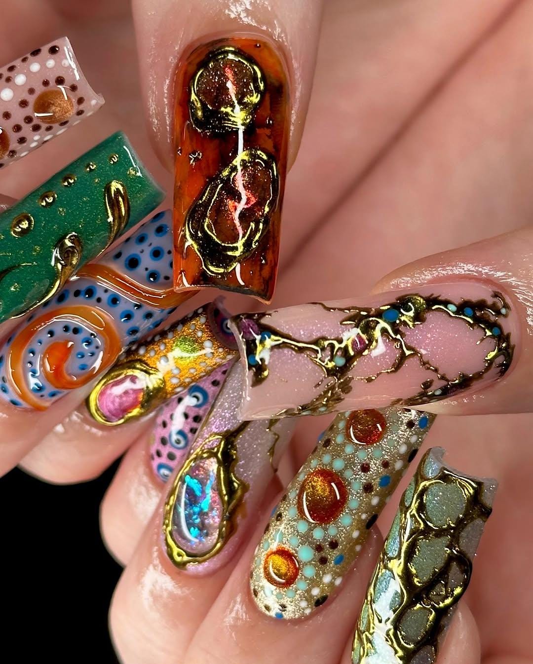 Colorful 3D Texture Press-On Nails with Floral Gems.