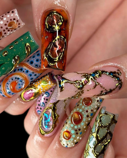 Colorful 3D Texture Press-On Nails with Floral Gems.