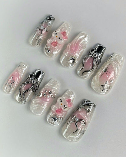 Cute Pink Bow & Kitty 3D Nail Set