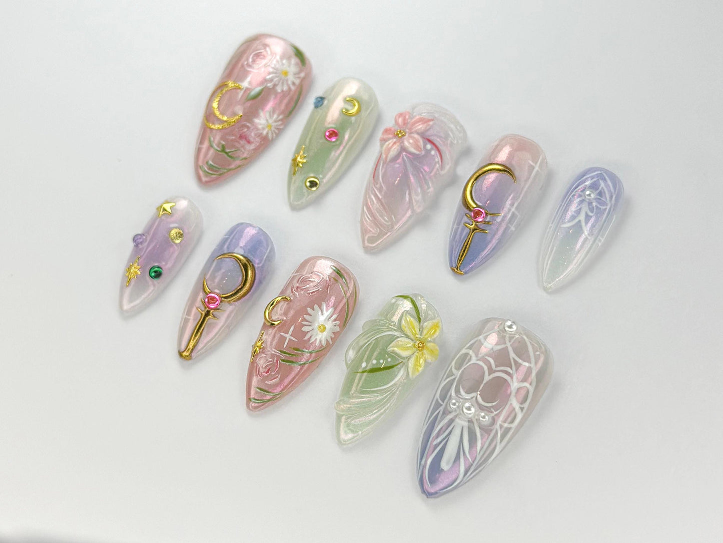 Whimsical Moon Floral Press On Nails Set