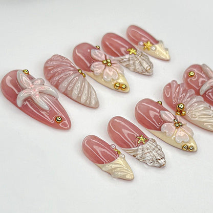 Soft Nude Seashell 3D Press On Nails - Beach Shell Starfish Press Nails